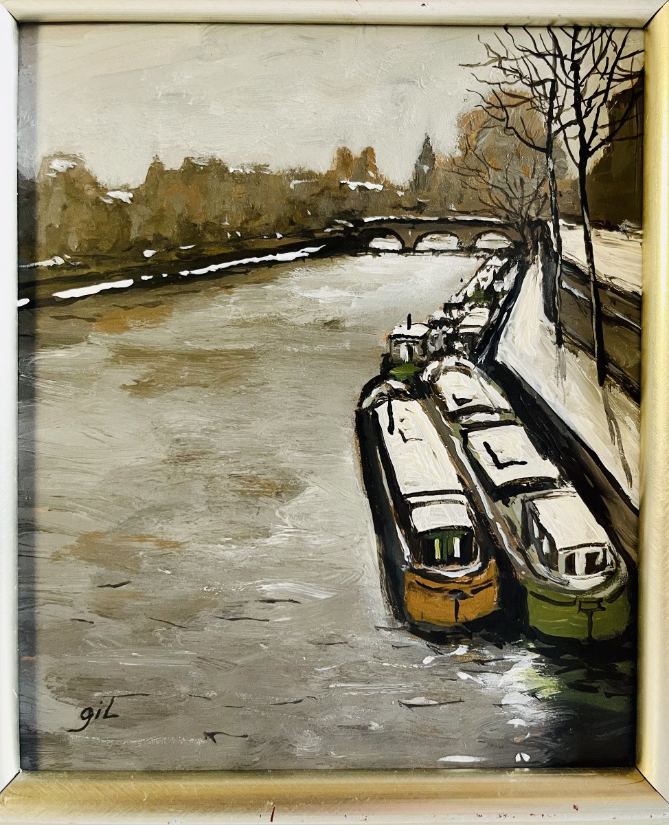 Barges At The Docks In The Snow, Paris - Gil-photo-2